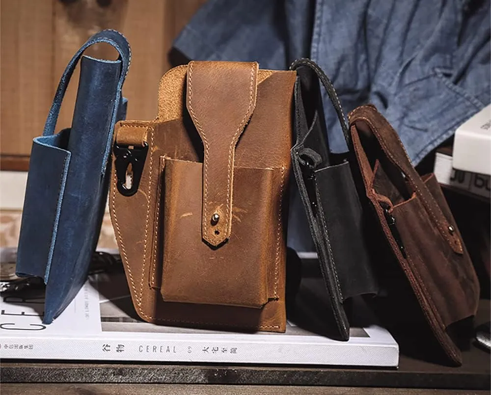 Leather Cell Phone Holster Black Multifunctional Vintage Phone Holster Waist Bag Outdoor Travel Postman Messenger Bag Gift for Husband Valentine's Day