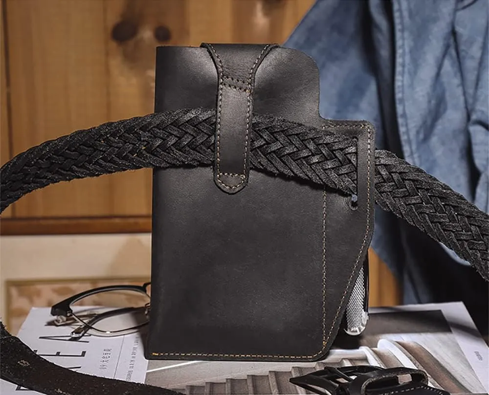 Leather Cell Phone Holster Black Multifunctional Vintage Phone Holster Waist Bag Outdoor Travel Postman Messenger Bag Gift for Husband Valentine's Day