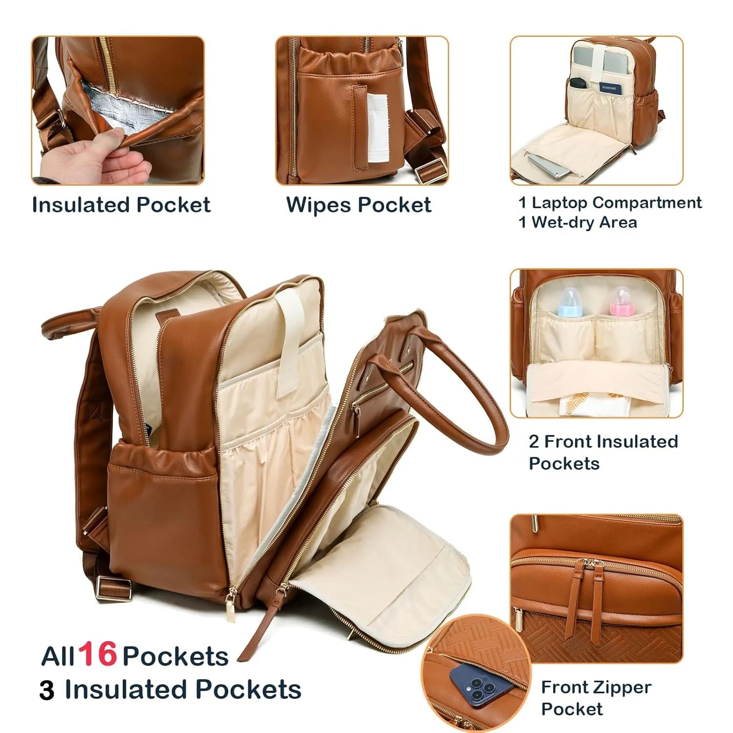 Leather Diaper Bag Backpack for Women with Multiple Pockets,Laptop Compartment and Changing Pad.