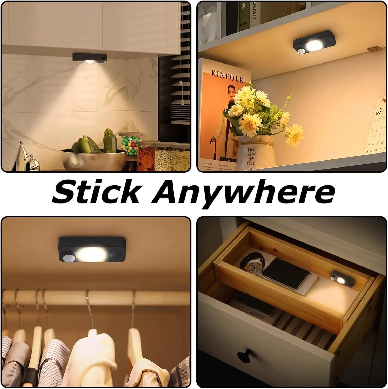 LED Motion Sensor Puck Lights, Rechargeable Cabinet Lights, Stick on Wireless LED Night Light for Closet, Drawer, Shelf, Under Cabinet, Warm White 8Pack, USB Charging Cord Included
