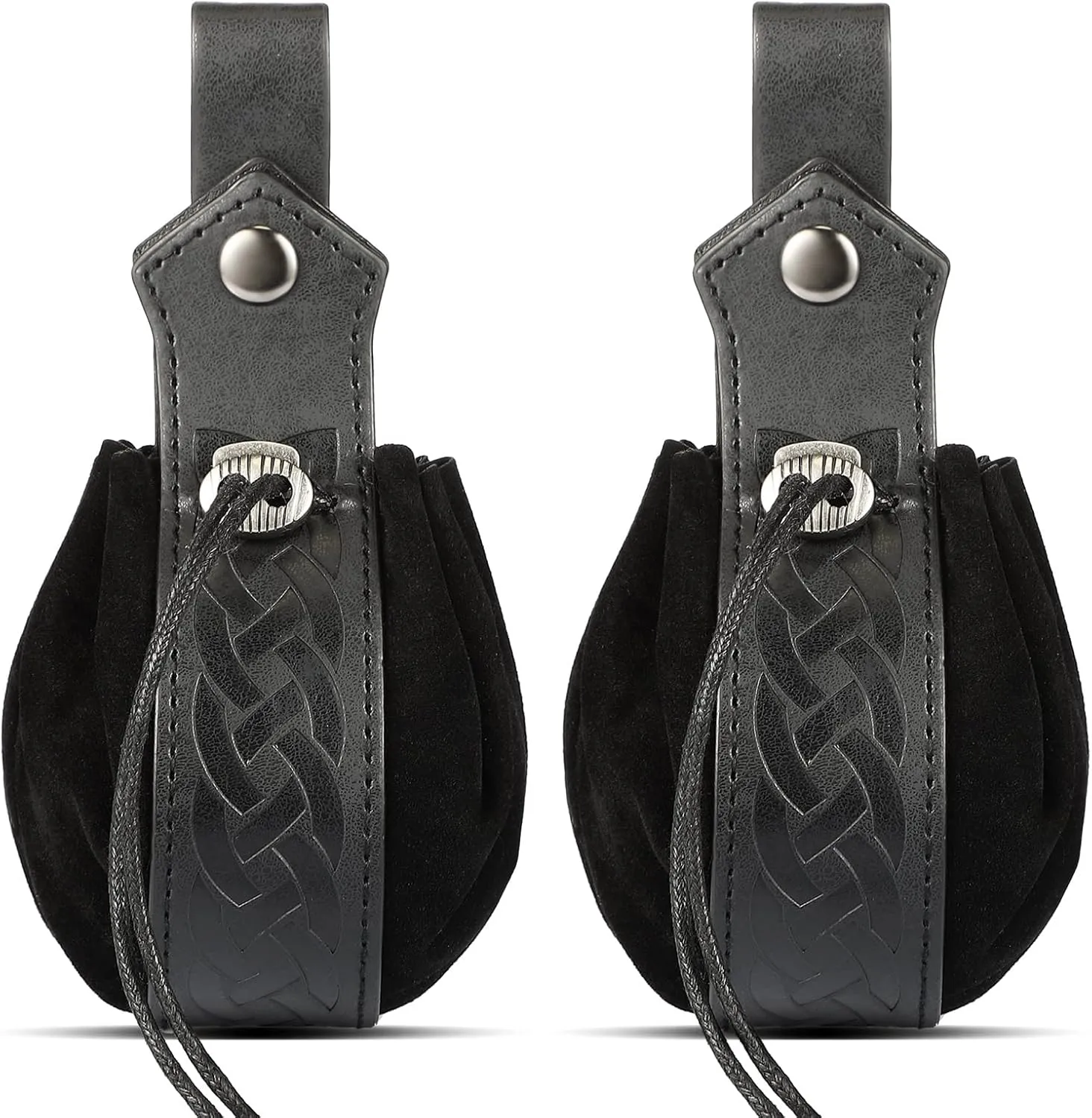 LEIFIDE 2 Pcs Medieval Faux Leather Drawstring Purse Belt Pouch - Vintage Renaissance Dice Bag for Men Women Costume Accessories (Black)
