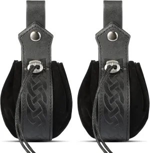 LEIFIDE 2 Pcs Medieval Faux Leather Drawstring Purse Belt Pouch - Vintage Renaissance Dice Bag for Men Women Costume Accessories (Black)