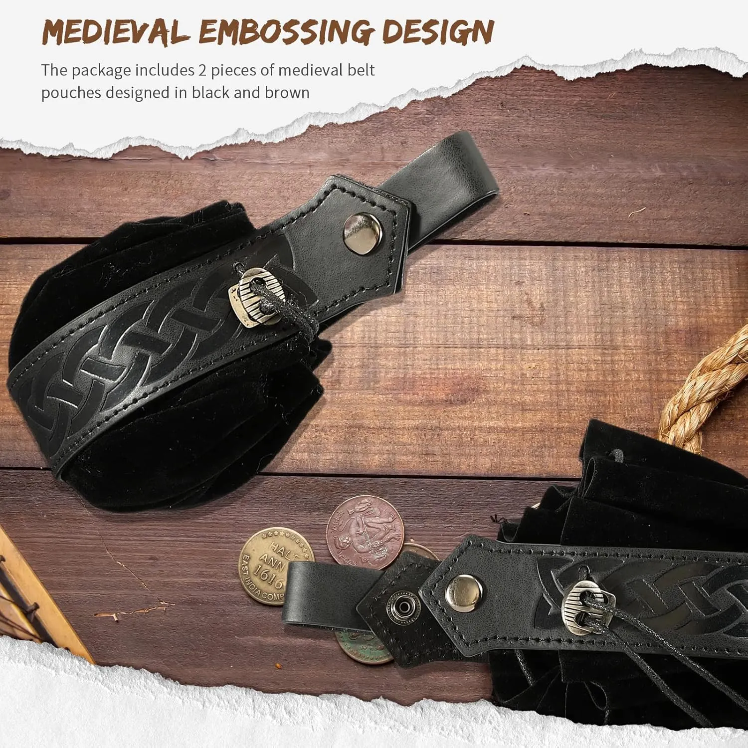 LEIFIDE 2 Pcs Medieval Faux Leather Drawstring Purse Belt Pouch - Vintage Renaissance Dice Bag for Men Women Costume Accessories (Black)