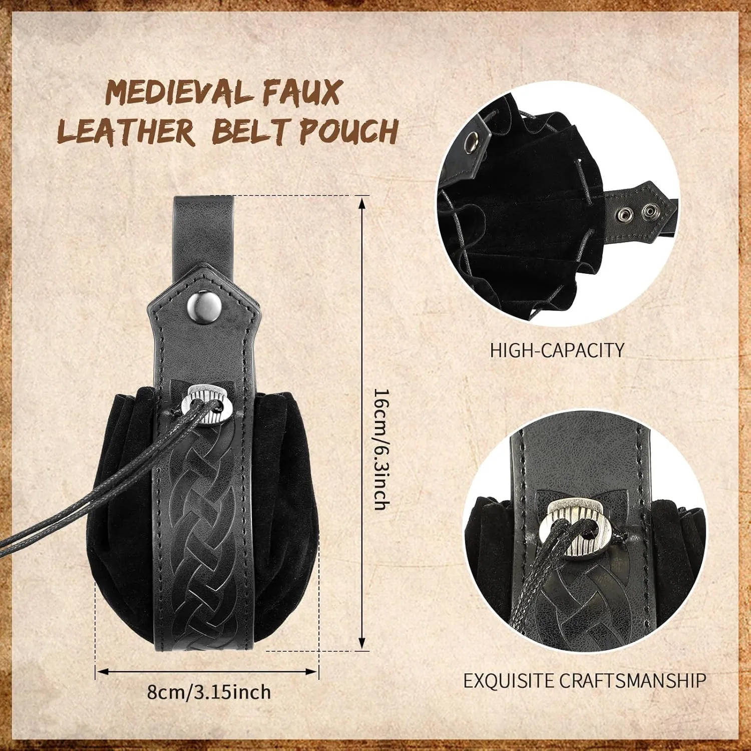 LEIFIDE 2 Pcs Medieval Faux Leather Drawstring Purse Belt Pouch - Vintage Renaissance Dice Bag for Men Women Costume Accessories (Black)