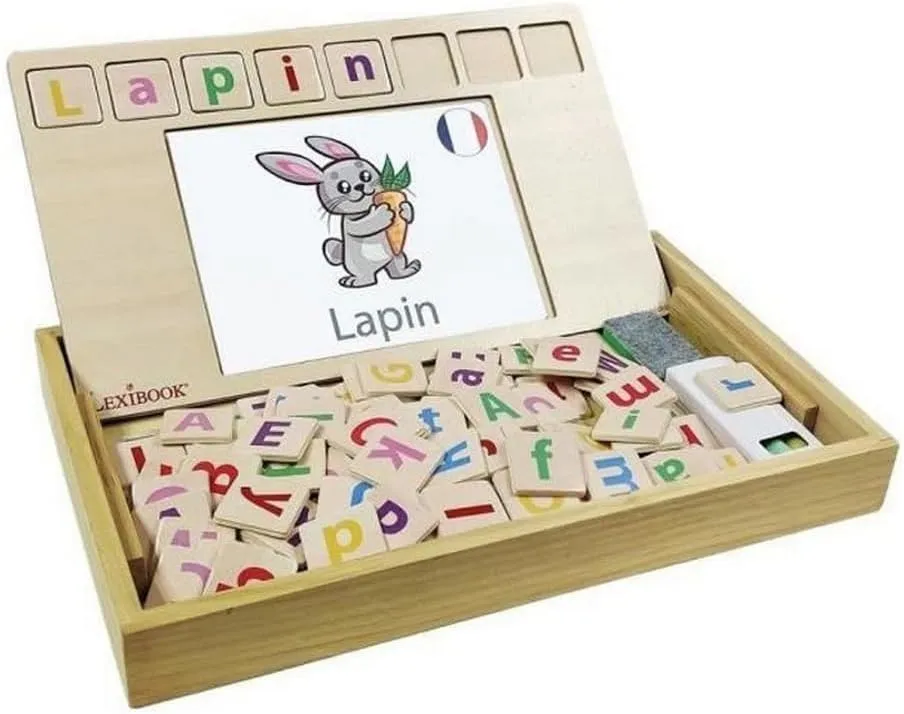 LEXIBOOK Bio Toys School, Bilingual French/English, Wooden, 50 Word Cards, Alphabet, Educational Game, EDU100i1