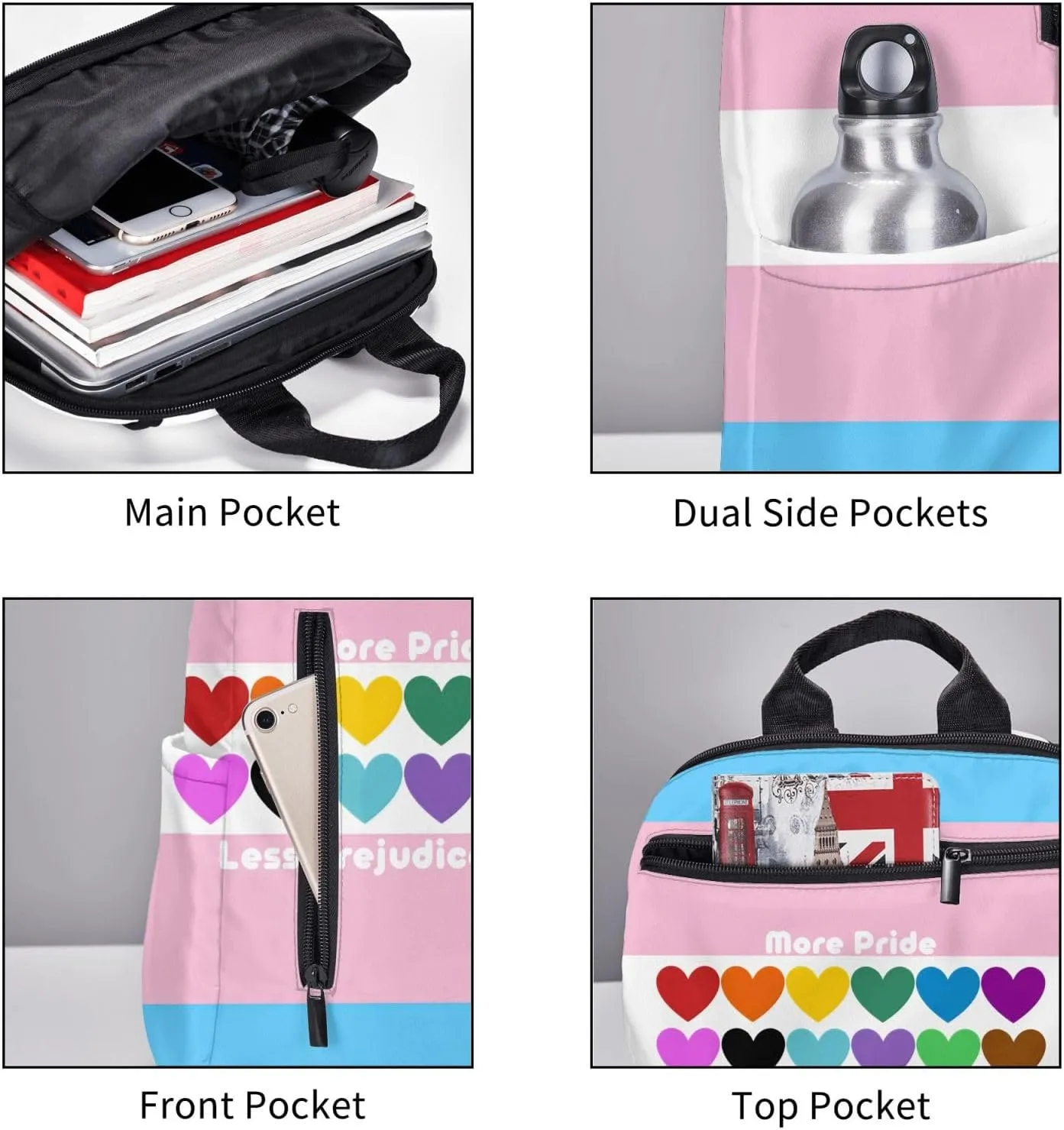 LGBT Rainbow Gay More Pride Less Prejudice Heart Travel Laptop Backpack Casual Backpacks Double Shoulder Daypack Notebook Rucksack Work Bags Sports Bag for Gym Hiking Camping Beach