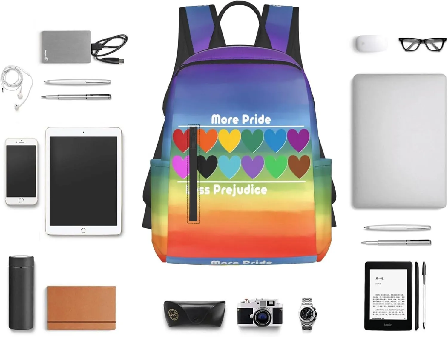 LGBT Rainbow Gay More Pride Less Prejudice Heart Travel Laptop Backpack Casual Backpacks Double Shoulder Daypack Notebook Rucksack Work Bags Sports Bag for Gym Hiking Camping Beach