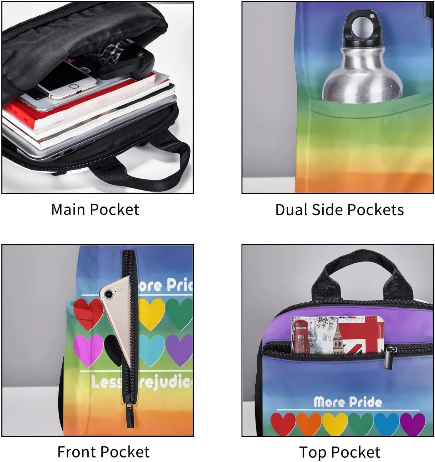 LGBT Rainbow Gay More Pride Less Prejudice Heart Travel Laptop Backpack Casual Backpacks Double Shoulder Daypack Notebook Rucksack Work Bags Sports Bag for Gym Hiking Camping Beach