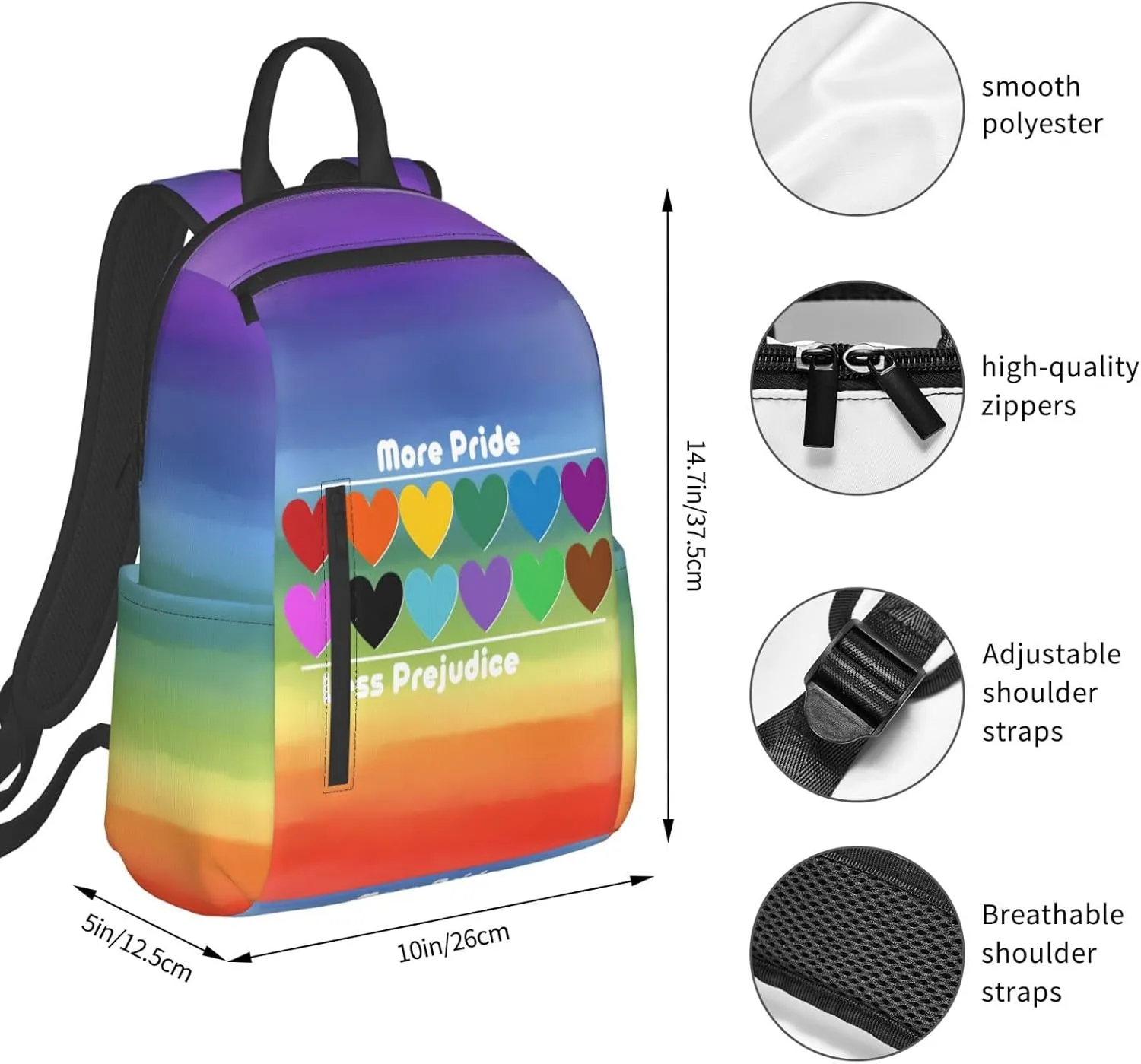 LGBT Rainbow Gay More Pride Less Prejudice Heart Travel Laptop Backpack Casual Backpacks Double Shoulder Daypack Notebook Rucksack Work Bags Sports Bag for Gym Hiking Camping Beach