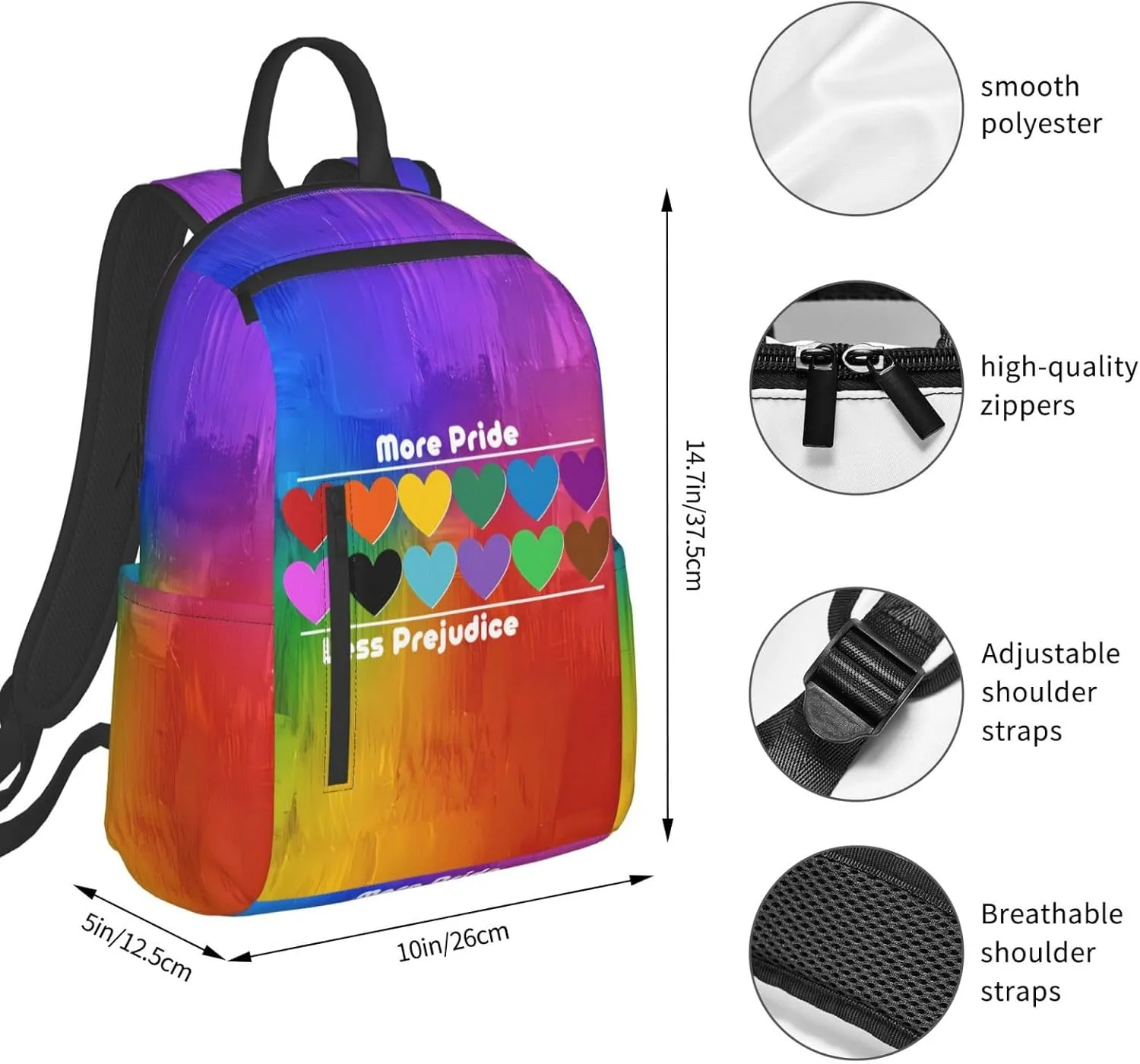 LGBT Rainbow Gay More Pride Less Prejudice Heart Travel Laptop Backpack Casual Backpacks Double Shoulder Daypack Notebook Rucksack Work Bags Sports Bag for Hiking Camping Beach