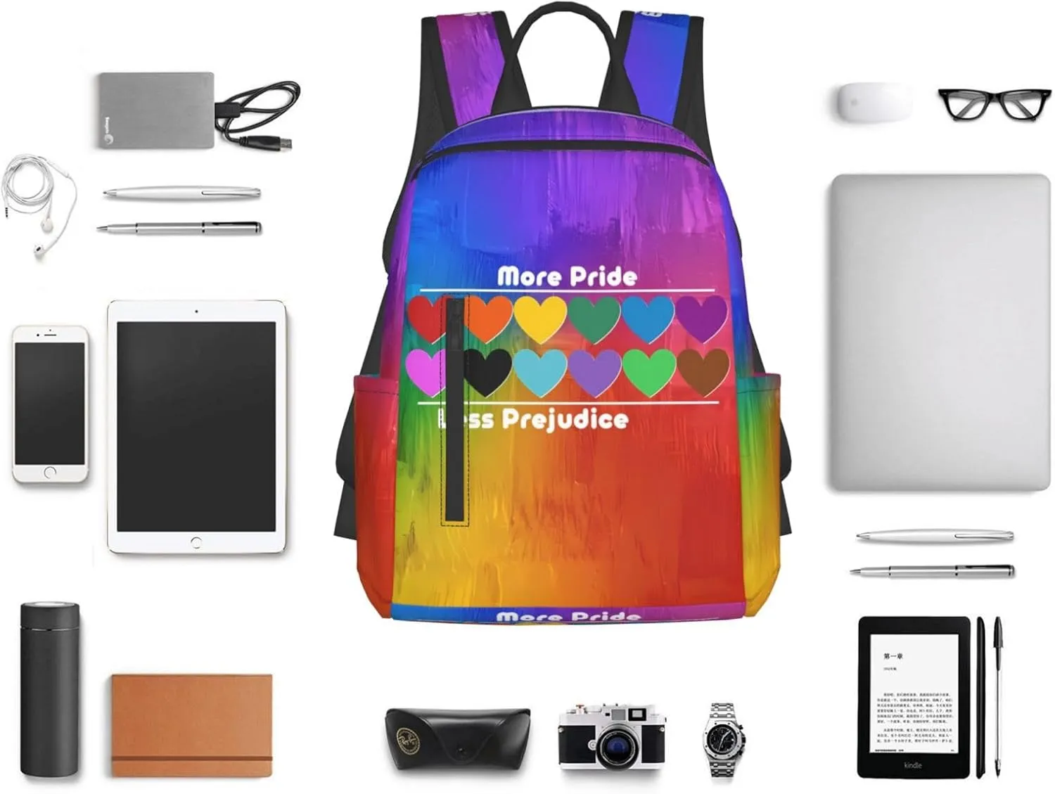 LGBT Rainbow Gay More Pride Less Prejudice Heart Travel Laptop Backpack Casual Backpacks Double Shoulder Daypack Notebook Rucksack Work Bags Sports Bag for Hiking Camping Beach