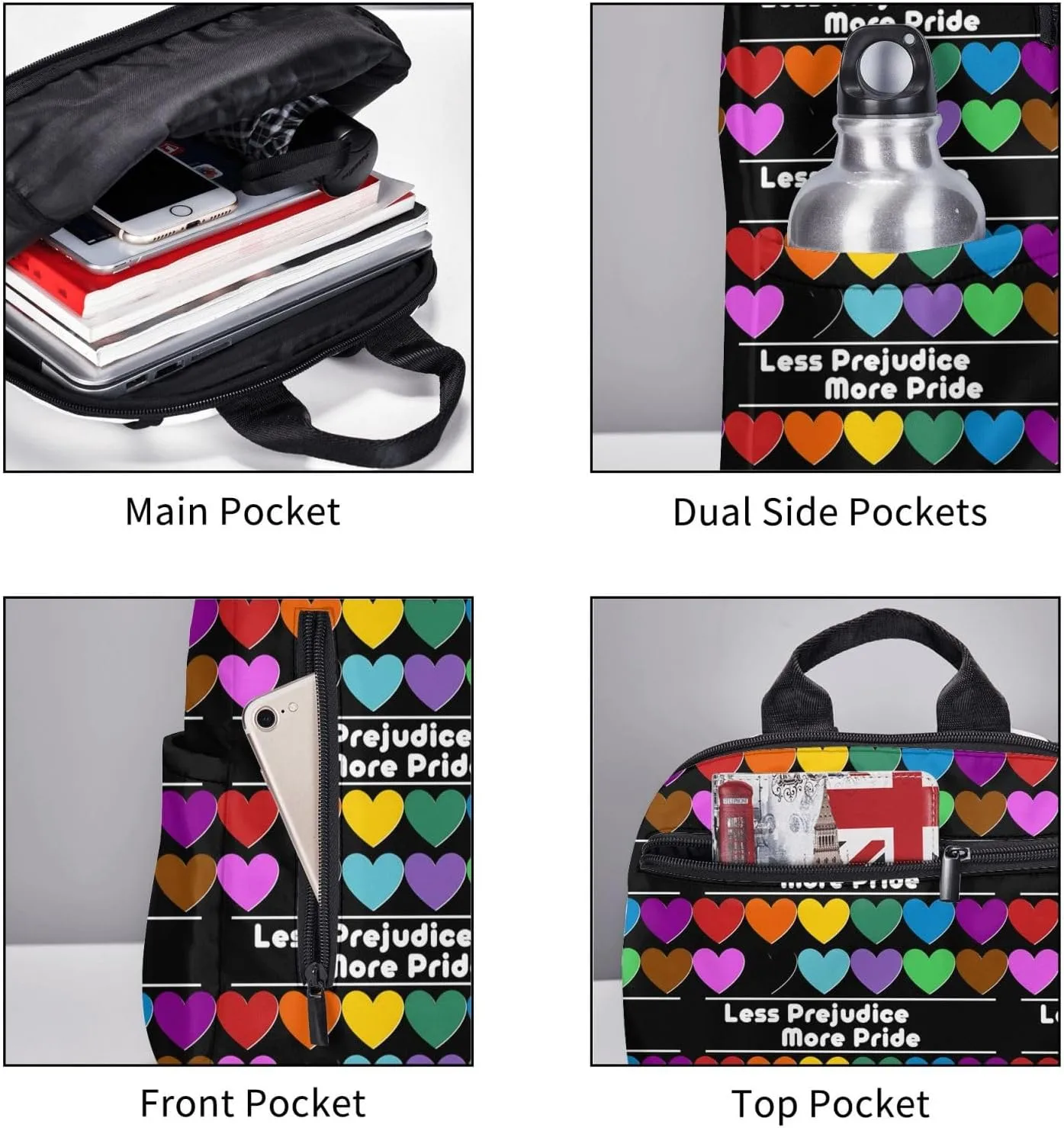 LGBT Rainbow Gay More Pride Less Prejudice Heart Travel Laptop Backpack Casual Backpacks Double Shoulder Daypack Notebook Rucksack Work Bags Sports Bag for Hiking Camping Beach