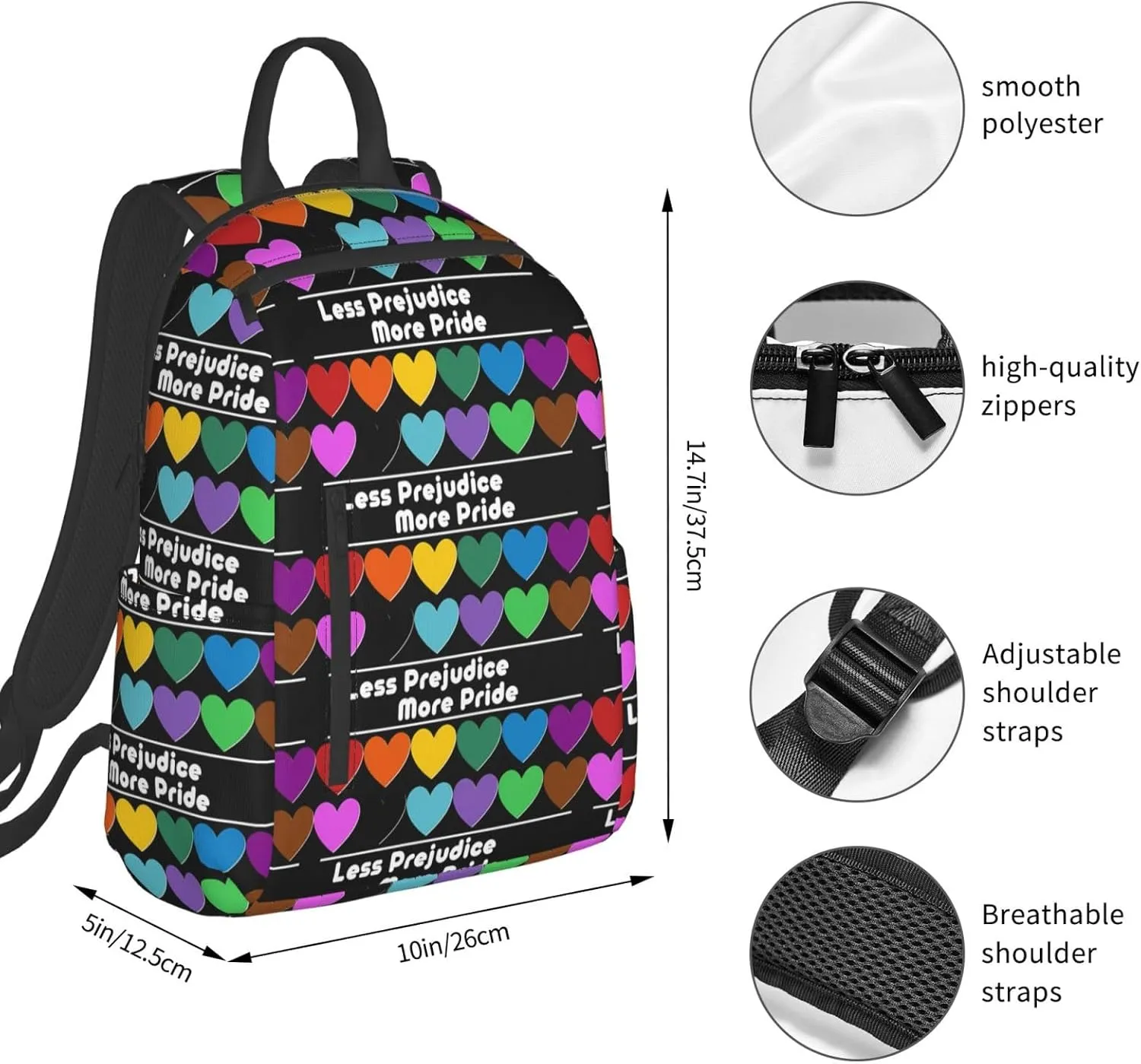 LGBT Rainbow Gay More Pride Less Prejudice Heart Travel Laptop Backpack Casual Backpacks Double Shoulder Daypack Notebook Rucksack Work Bags Sports Bag for Hiking Camping Beach