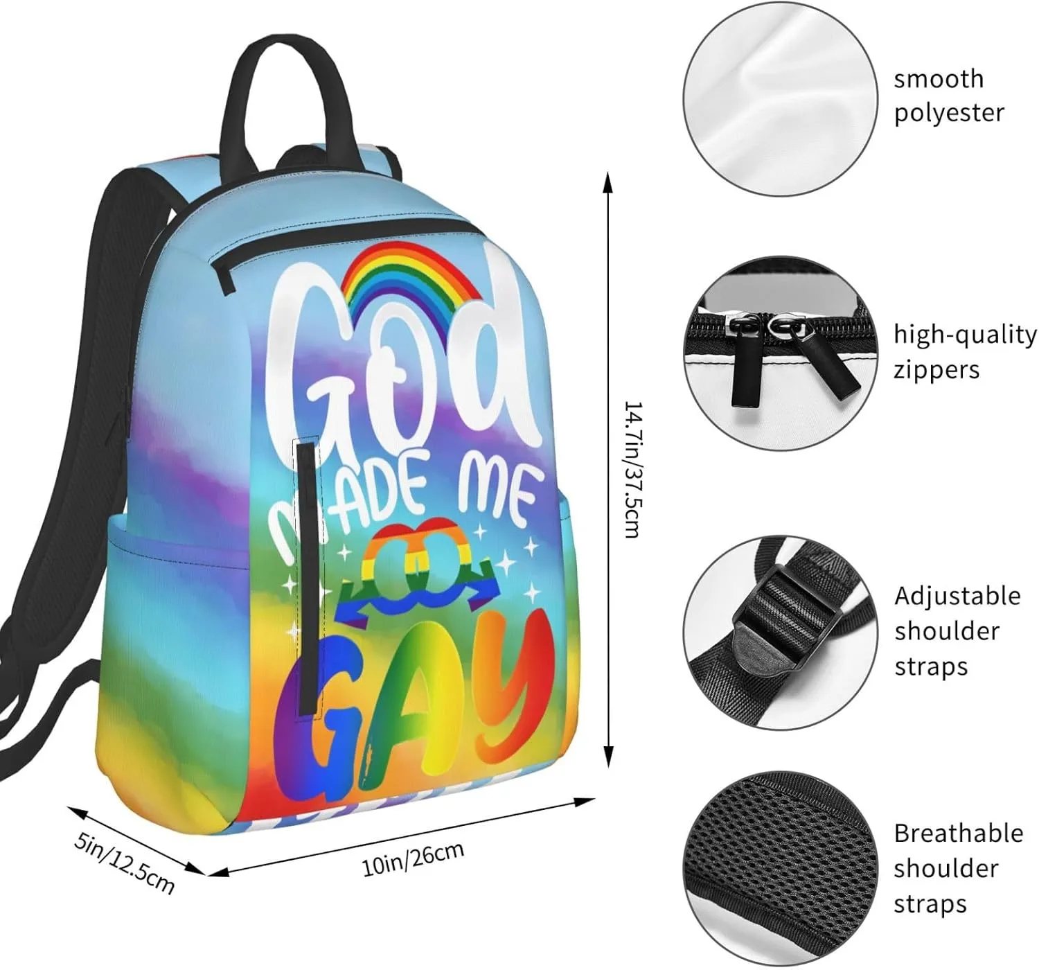 LGBT Rainbow Gay Pride God Made Me Gay Travel Laptop Backpack Casual Backpacks Double Shoulder Daypack Notebook Rucksack Work Bags Sports Bag for Gym Hiking Camping Beach