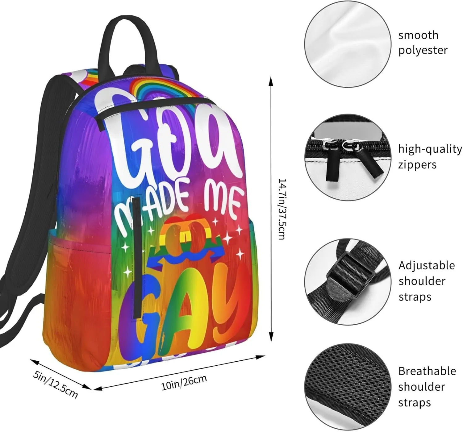 LGBT Rainbow Gay Pride God Made Me Gay Travel Laptop Backpack Casual Backpacks Double Shoulder Daypack Notebook Rucksack Work Bags Sports Bag for Hiking Camping Beach