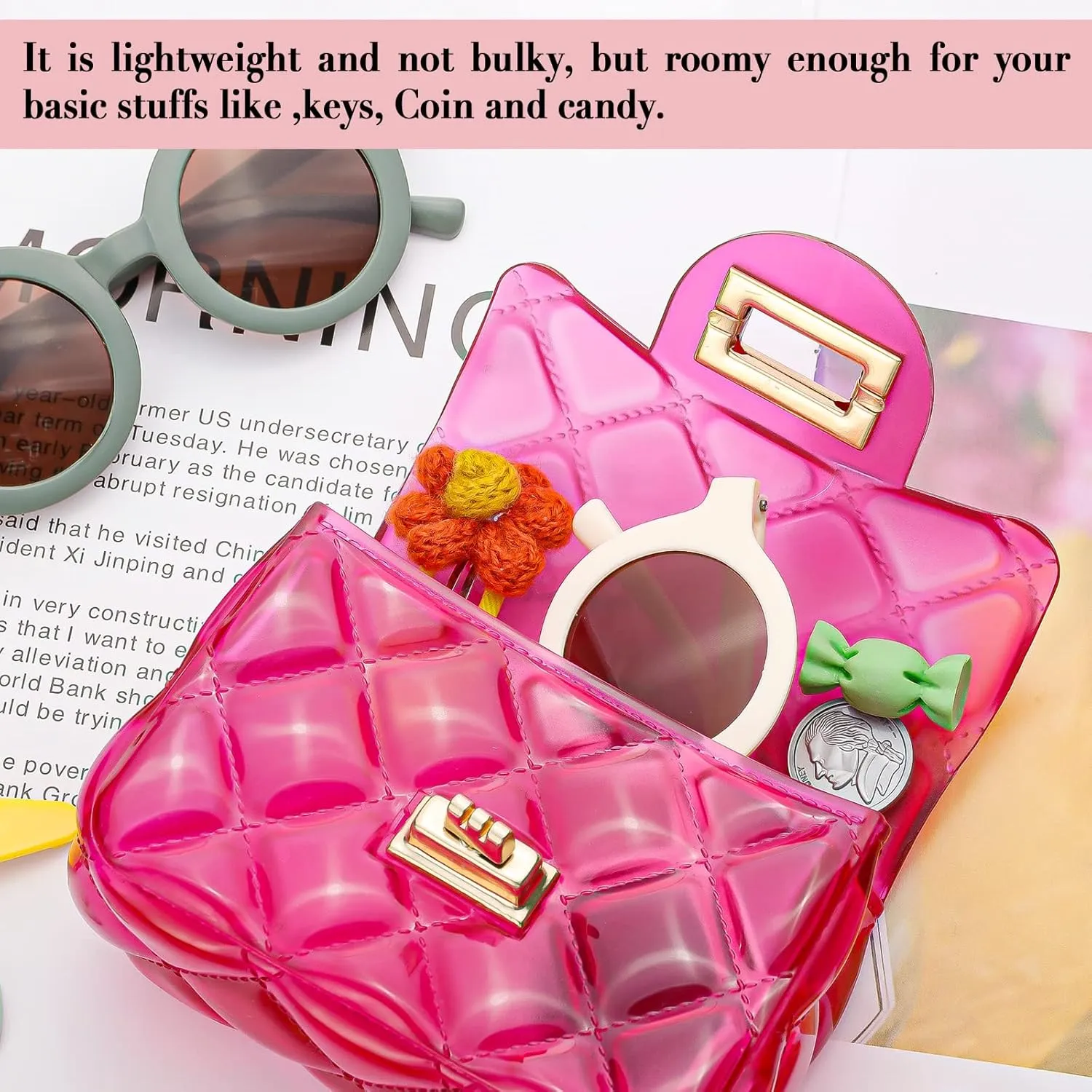 Little Girls Mini Jelly Purse Candy Color Transparent Small Crossbody Bag Cute Princess Handbags with Bead Handle For Toddler Kids (Red)