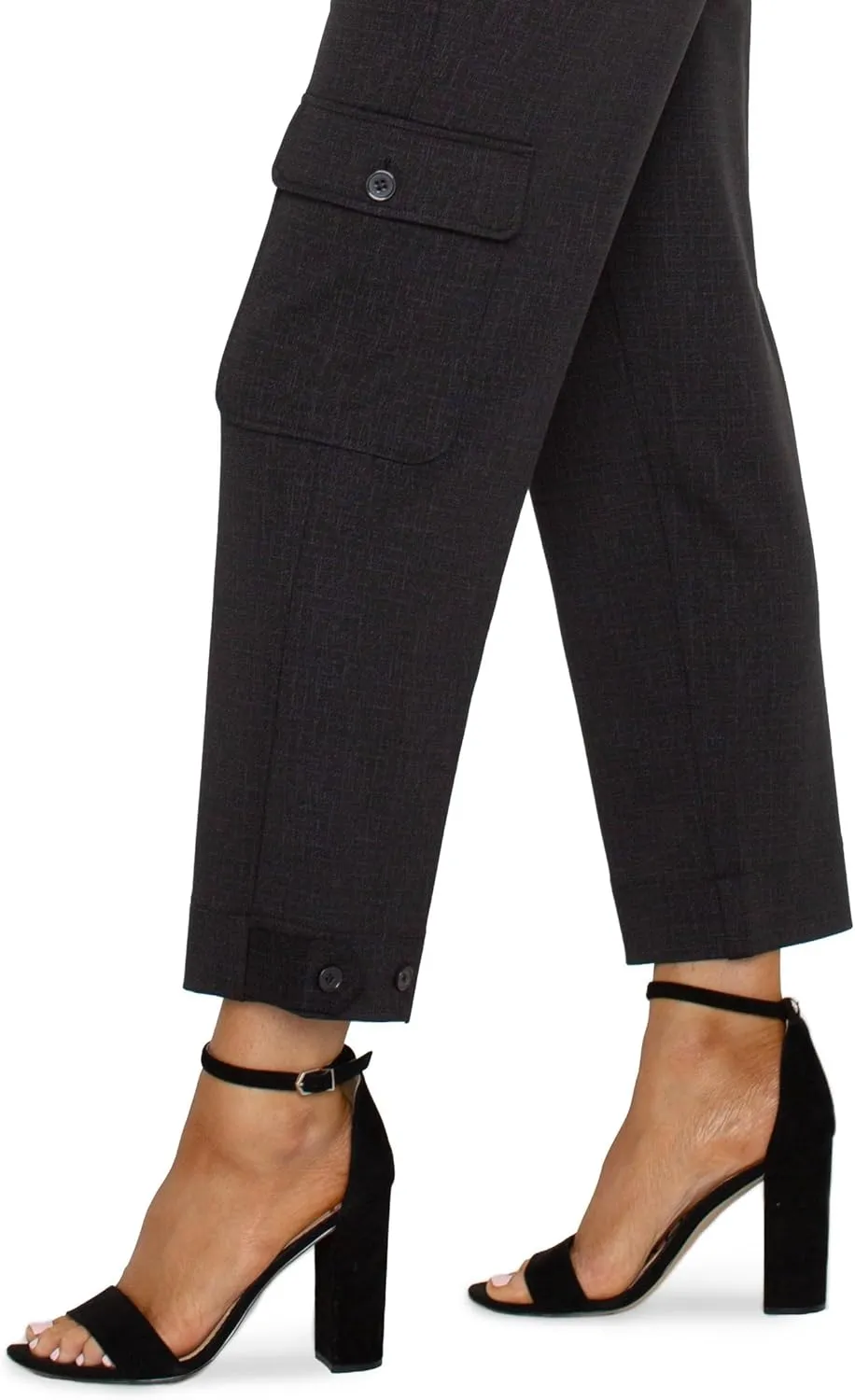 Liverpool Women's Utility Crop with Tab Hem Mid Rise Cosshatch Printed Knit in Black Crosshatch