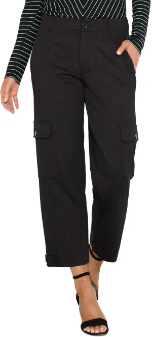 Liverpool Women's Utility Crop with Tab Hem Mid Rise Cosshatch Printed Knit in Black Crosshatch