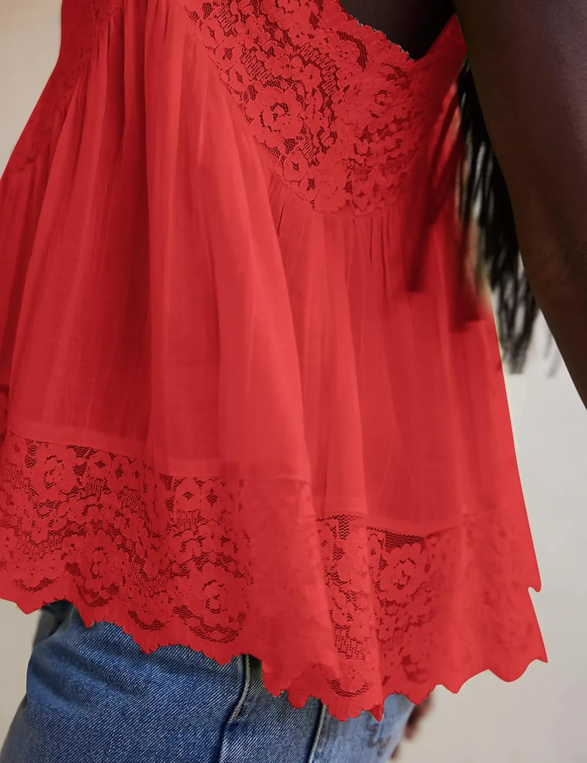 Livtany Women Lace Trim Scalloped Hem Tank Top Sleeveless Backless Peplum Flowy Cami Top Spaghetti Strap V Neck Sexy Camisole