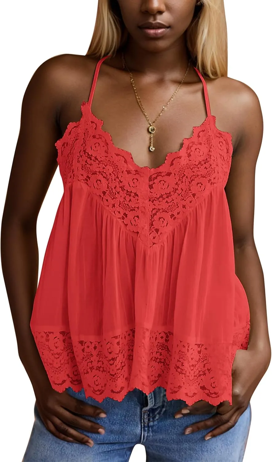 Livtany Women Lace Trim Scalloped Hem Tank Top Sleeveless Backless Peplum Flowy Cami Top Spaghetti Strap V Neck Sexy Camisole
