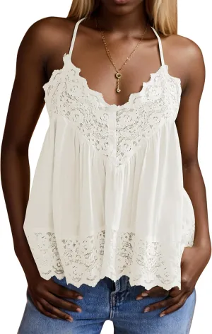 Livtany Women Lace Trim Scalloped Hem Tank Top Sleeveless Backless Peplum Flowy Cami Top Spaghetti Strap V Neck Sexy Camisole