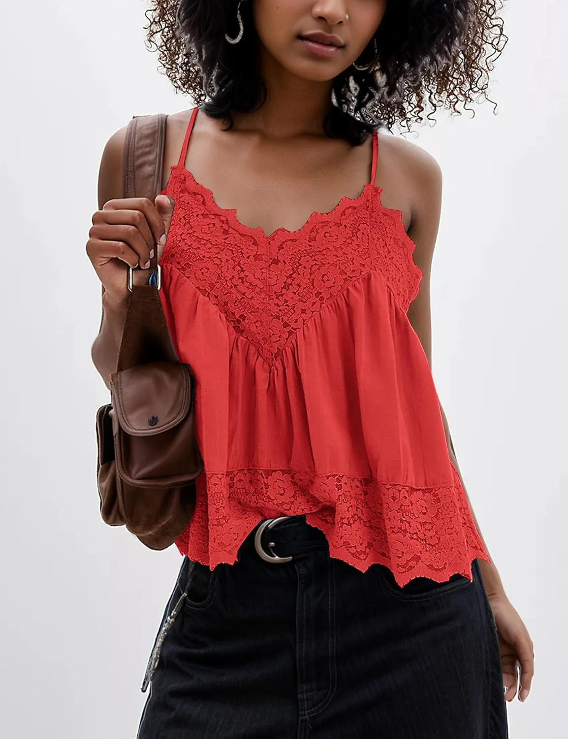 Livtany Women Lace Trim Scalloped Hem Tank Top Sleeveless Backless Peplum Flowy Cami Top Spaghetti Strap V Neck Sexy Camisole