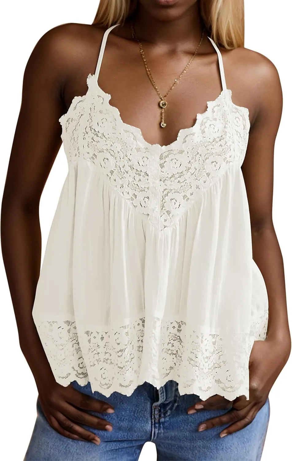 Livtany Women Lace Trim Scalloped Hem Tank Top Sleeveless Backless Peplum Flowy Cami Top Spaghetti Strap V Neck Sexy Camisole