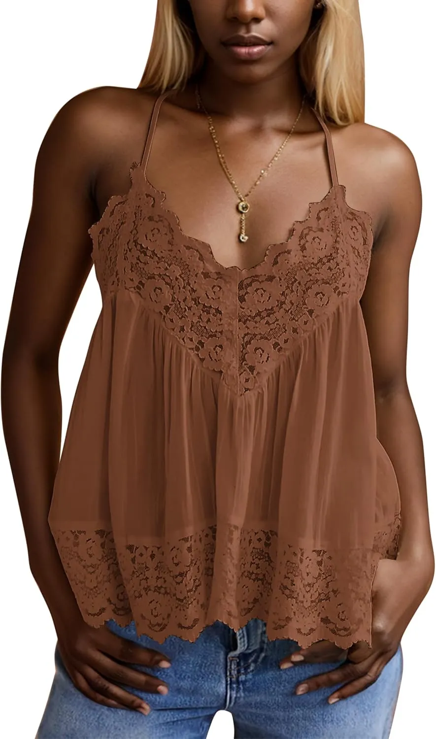 Livtany Women Lace Trim Scalloped Hem Tank Top Sleeveless Backless Peplum Flowy Cami Top Spaghetti Strap V Neck Sexy Camisole