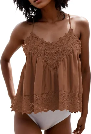 Livtany Women Lace Trim Scalloped Hem Tank Top Sleeveless Backless Peplum Flowy Cami Top Spaghetti Strap V Neck Sexy Camisole