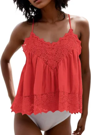 Livtany Women Lace Trim Scalloped Hem Tank Top Sleeveless Backless Peplum Flowy Cami Top Spaghetti Strap V Neck Sexy Camisole