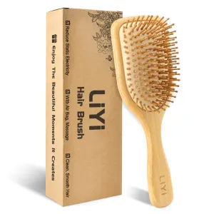 LIYI Bamboo Hair Brush for Hair Growth, Wooden Brush with Natural Bamboo Bristles, Wooden Hairbrush Scalp Massage & Detangling for Women Men & Kids, All Hair Types, Ergonomic Handle