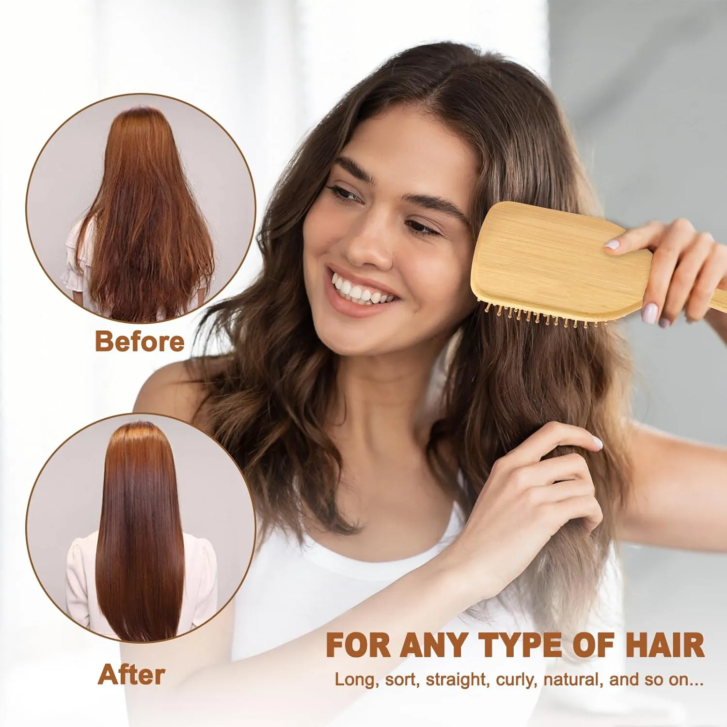 LIYI Bamboo Hair Brush for Hair Growth, Wooden Brush with Natural Bamboo Bristles, Wooden Hairbrush Scalp Massage & Detangling for Women Men & Kids, All Hair Types, Ergonomic Handle