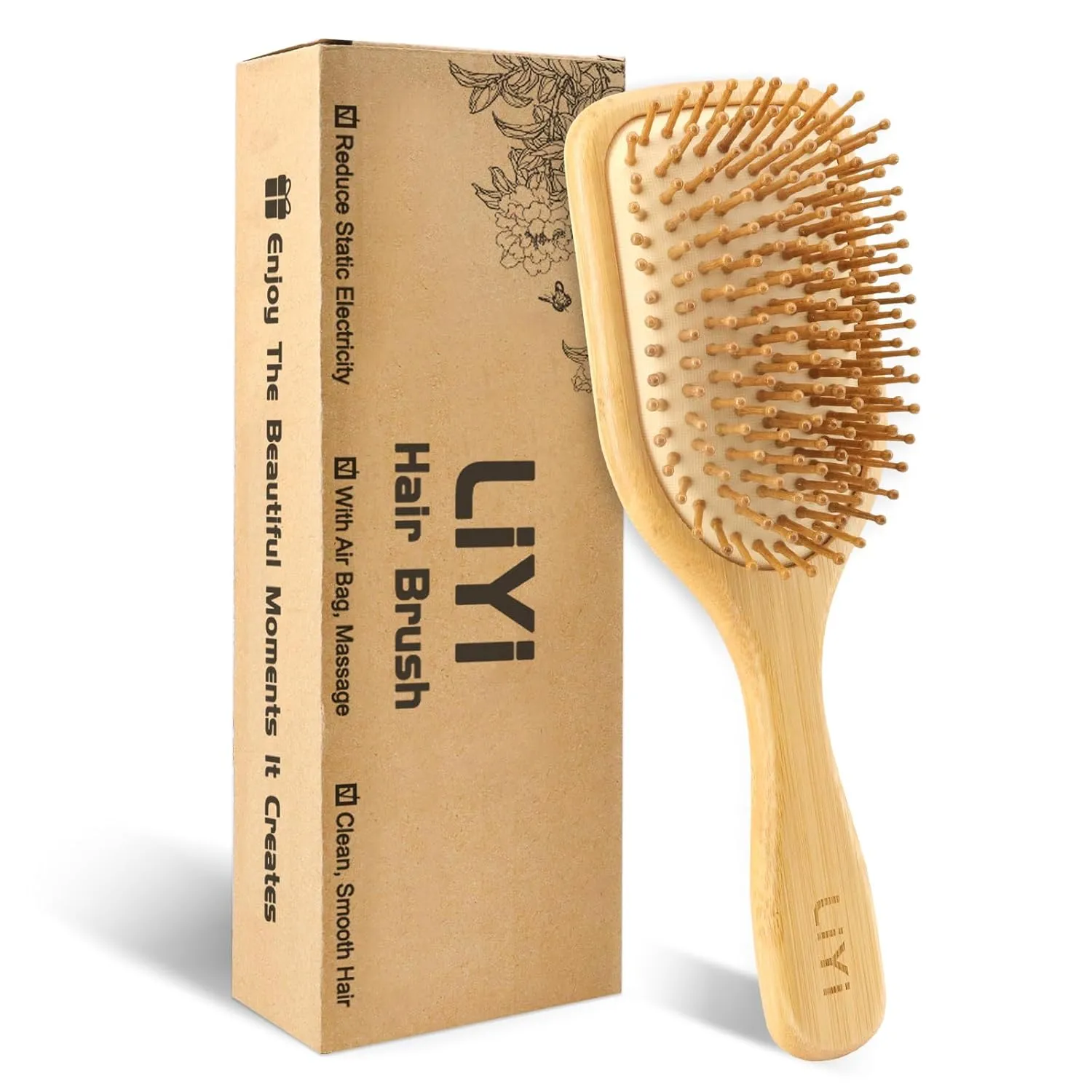 LIYI Bamboo Hair Brush for Hair Growth, Wooden Brush with Natural Bamboo Bristles, Wooden Hairbrush Scalp Massage & Detangling for Women Men & Kids, All Hair Types, Ergonomic Handle