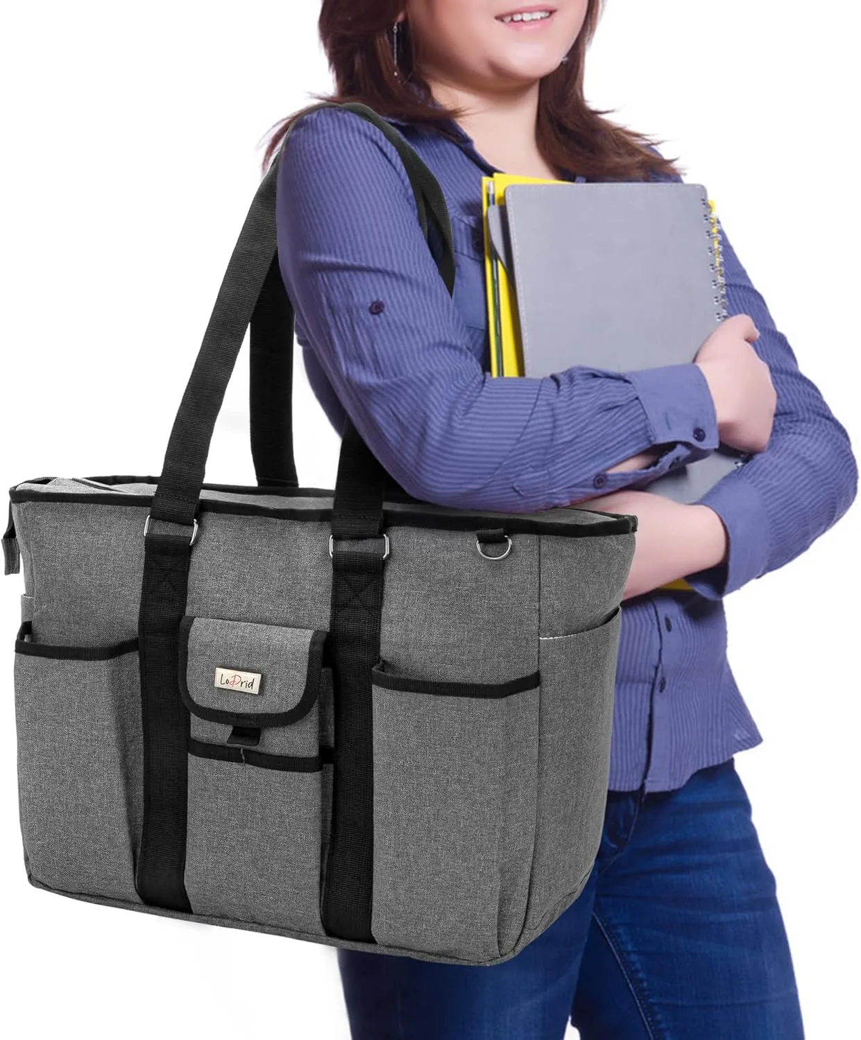 LoDrid Teacher Tote with Padded Bottom, Large Utility Bag for Work