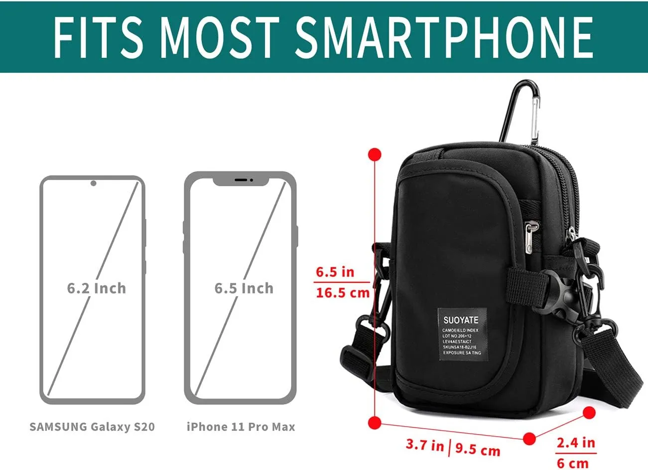 Lohol Multifunction Cell Phone Holster, One Shoulder Pouch with Carabiner, Outdoor Tactical Waist Belt Bag, Security Purse Crossbody Gadget Pocket for Smartphone Up to 6.5 inches