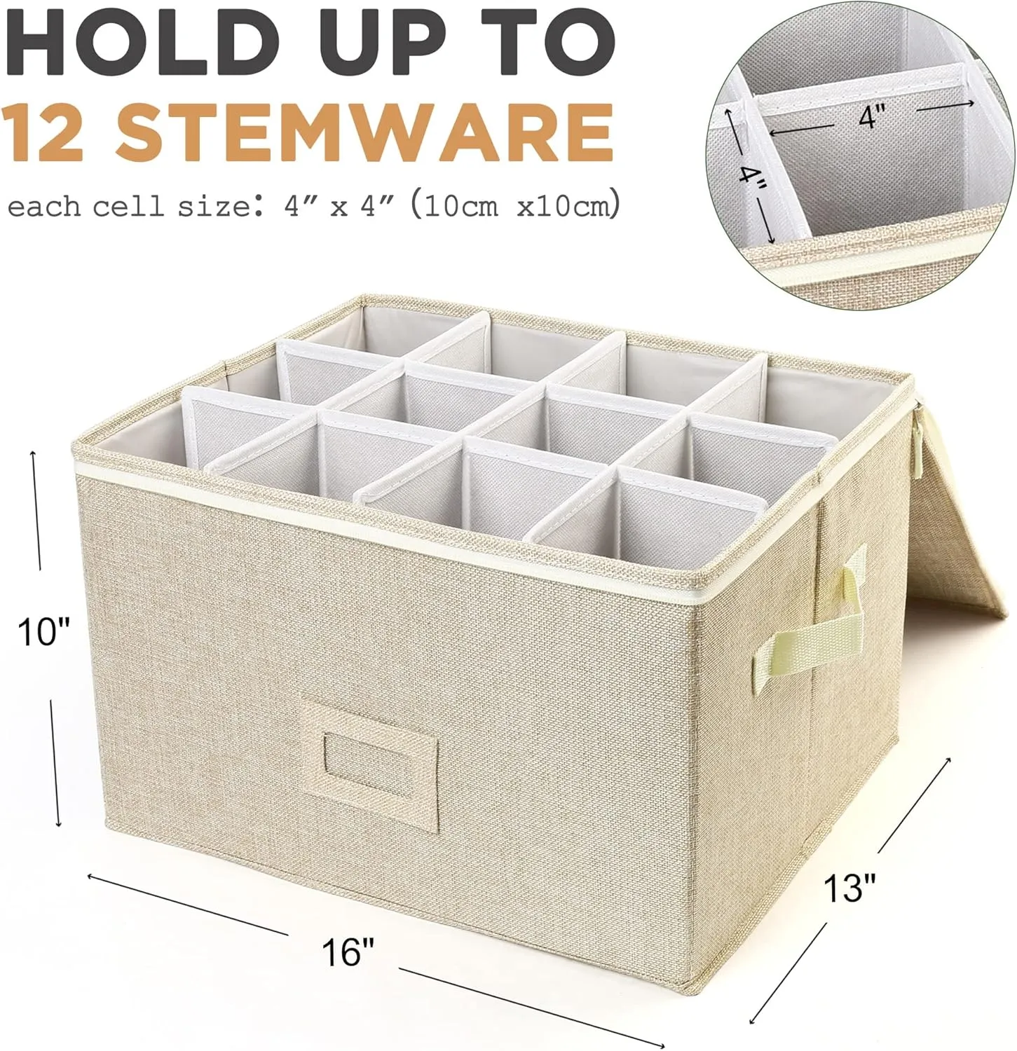 LotFancy Stemware Storage Container for Moving, Hard Shell, Stackable Wine Glass Storage Box with Dividers & Handles, Crystal Glassware, Champagne Flute, Drinkware Case, Beige