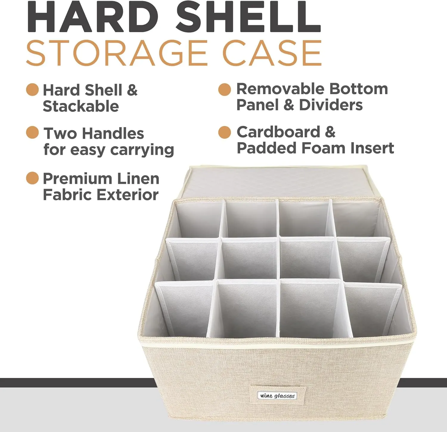 LotFancy Stemware Storage Container for Moving, Hard Shell, Stackable Wine Glass Storage Box with Dividers & Handles, Crystal Glassware, Champagne Flute, Drinkware Case, Beige