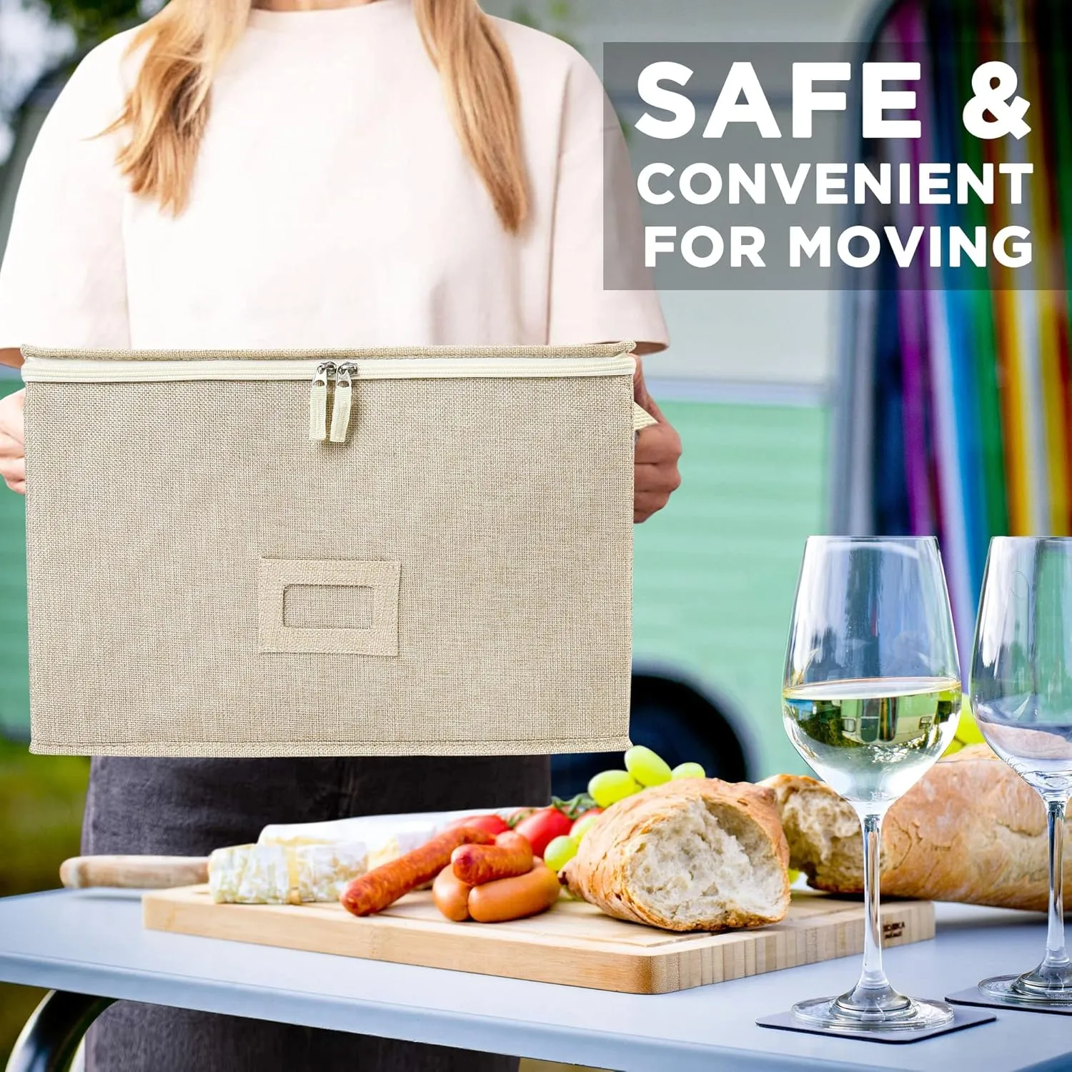 LotFancy Stemware Storage Container for Moving, Hard Shell, Stackable Wine Glass Storage Box with Dividers & Handles, Crystal Glassware, Champagne Flute, Drinkware Case, Beige