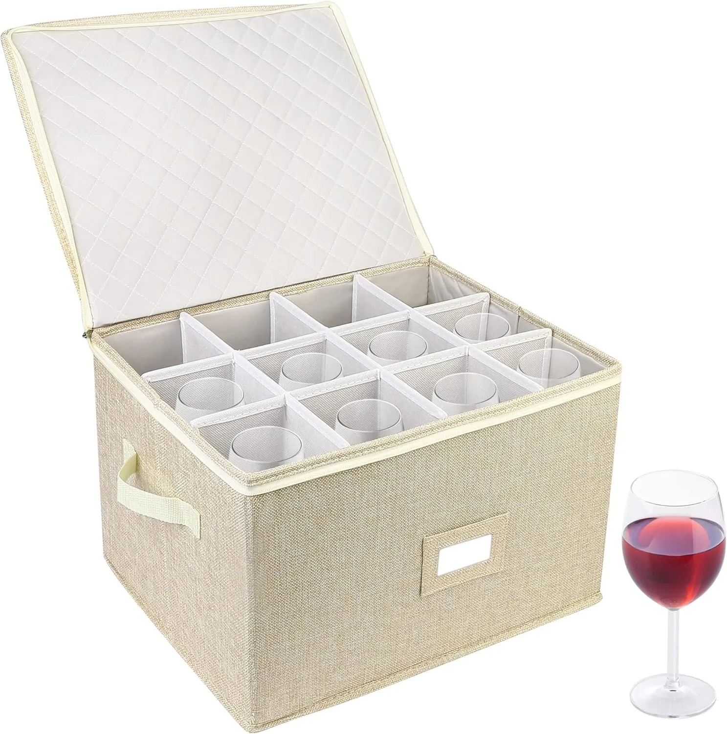 LotFancy Stemware Storage Container for Moving, Hard Shell, Stackable Wine Glass Storage Box with Dividers & Handles, Crystal Glassware, Champagne Flute, Drinkware Case, Beige