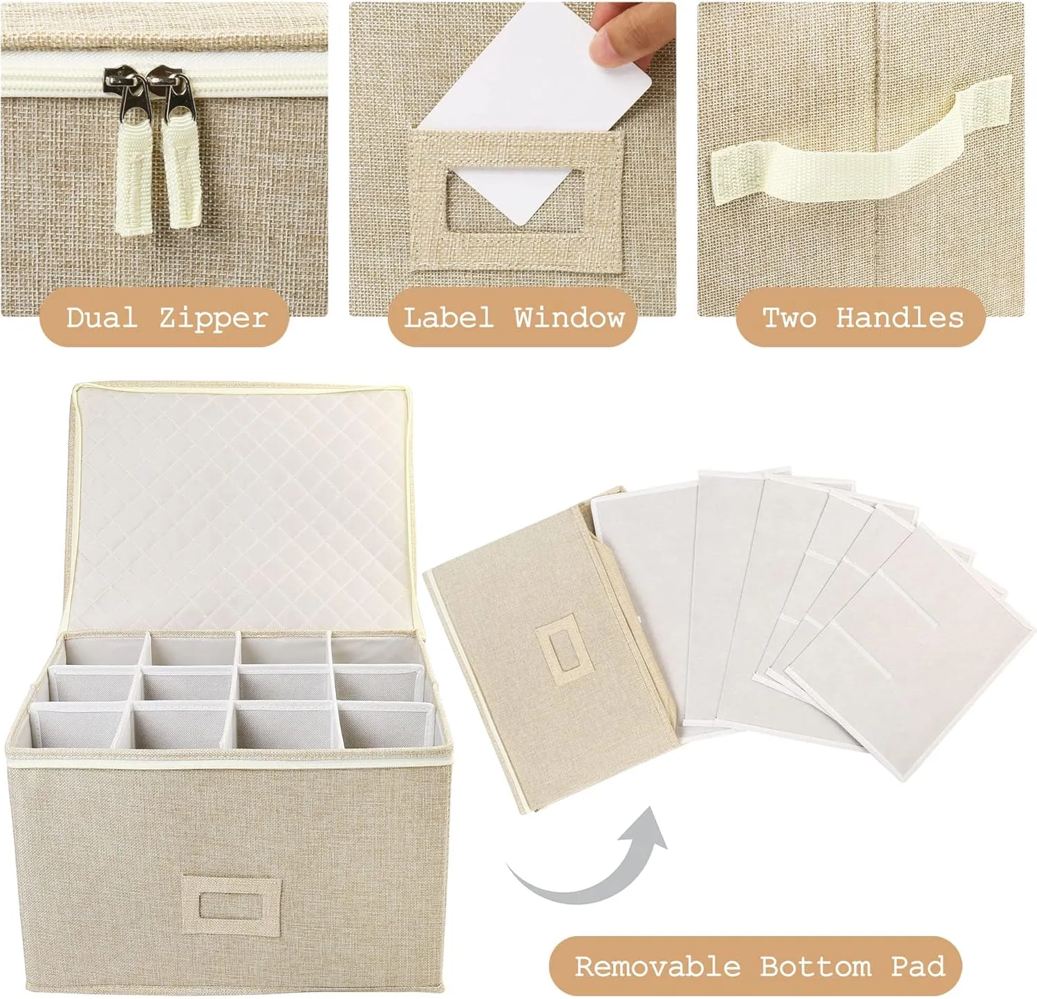 LotFancy Stemware Storage Container for Moving, Hard Shell, Stackable Wine Glass Storage Box with Dividers & Handles, Crystal Glassware, Champagne Flute, Drinkware Case, Beige