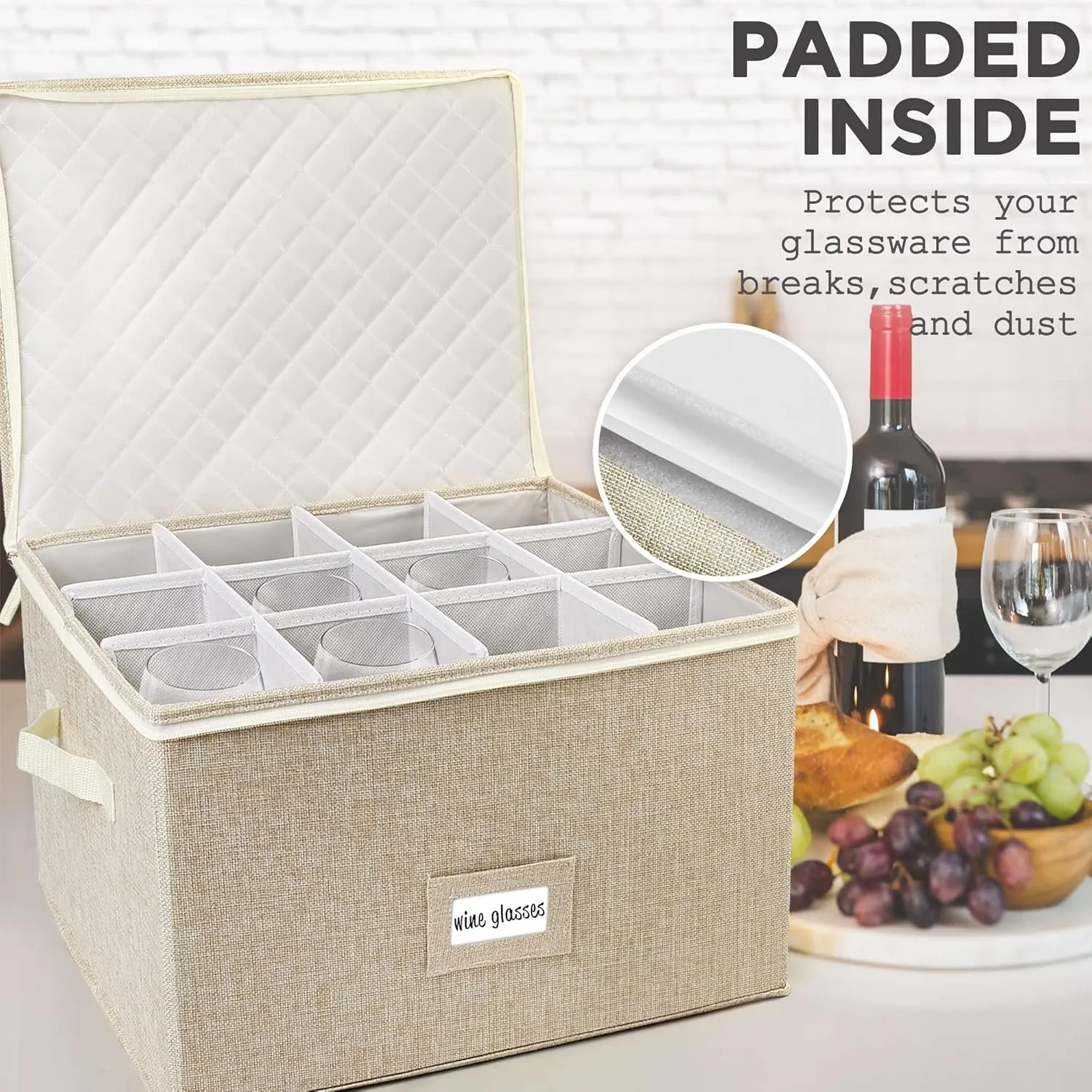 LotFancy Stemware Storage Container for Moving, Hard Shell, Stackable Wine Glass Storage Box with Dividers & Handles, Crystal Glassware, Champagne Flute, Drinkware Case, Beige