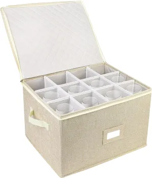 LotFancy Stemware Storage Container for Moving, Hard Shell, Stackable Wine Glass Storage Box with Dividers & Handles, Crystal Glassware, Champagne Flute, Drinkware Case, Beige