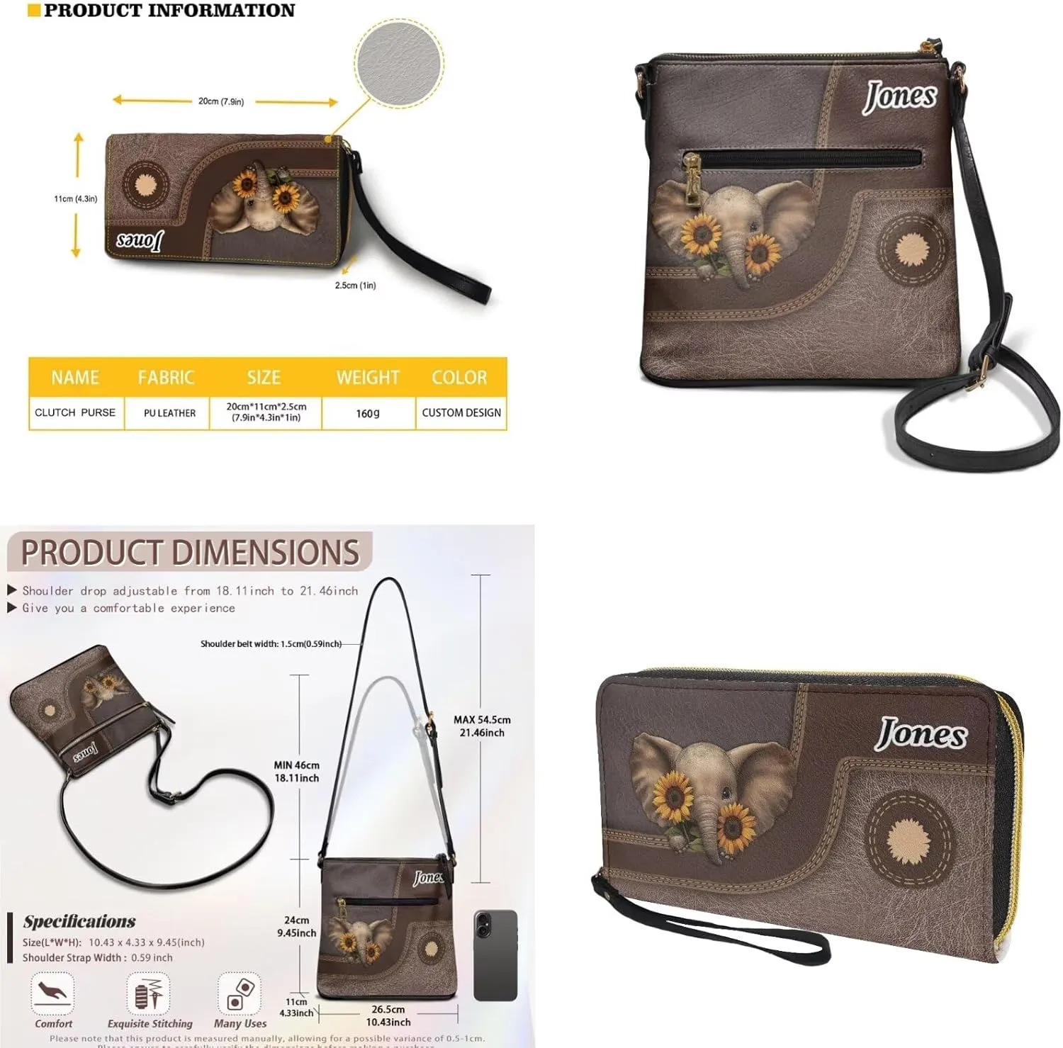 Lotusorchid Purse and Wallet Set for Women, Customized Crossbody Shoulder Purse PU Leather Hobo Bag with Adjustable Strap