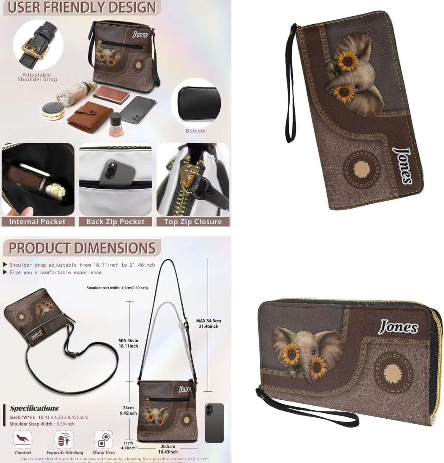 Lotusorchid Purse and Wallet Set for Women, Customized Crossbody Shoulder Purse PU Leather Hobo Bag with Adjustable Strap