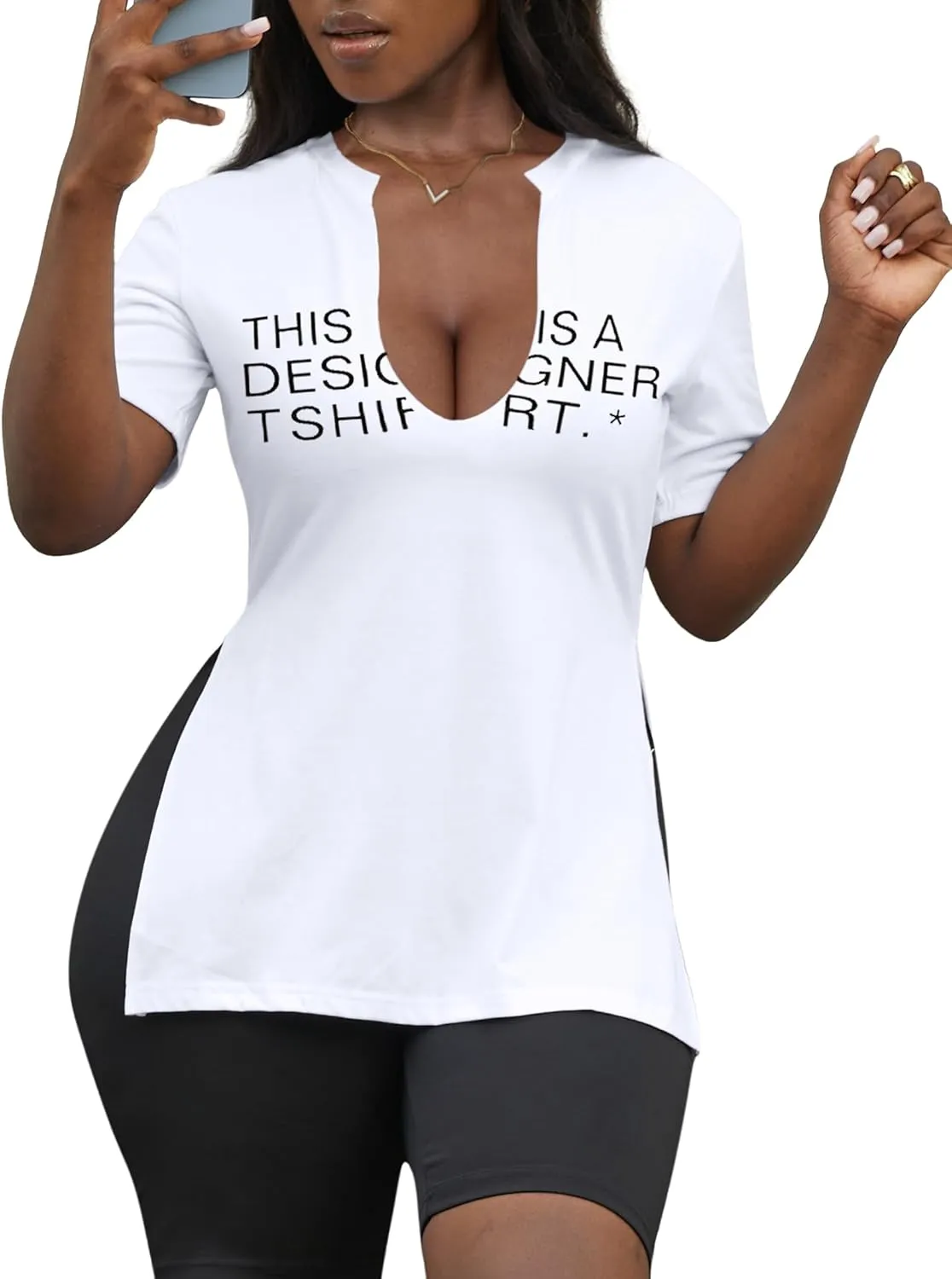 LovelyWholesale Womens Graphic Tees Sexy V Neck T Shirts Short Sleeve Side Slit Summer Tops
