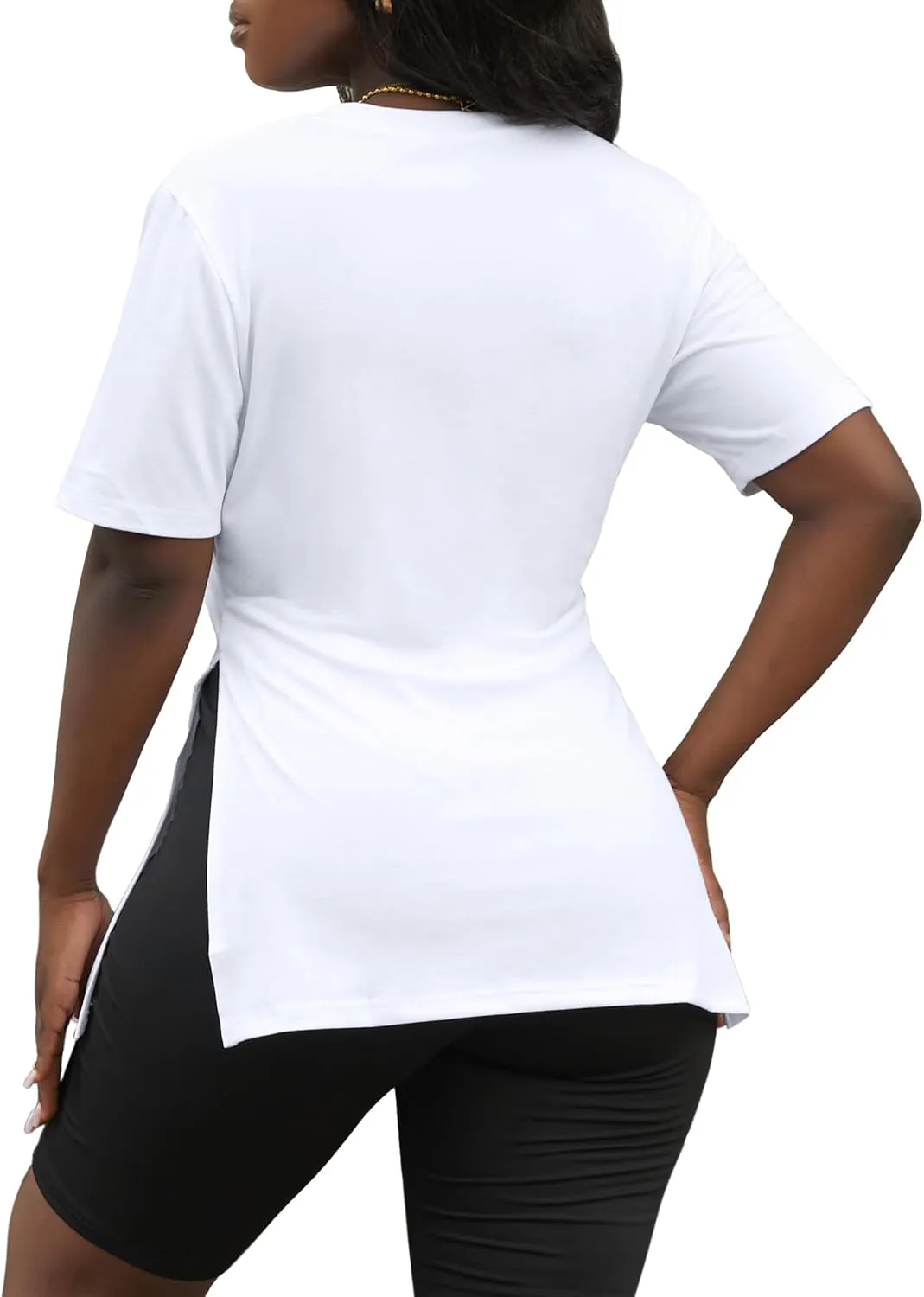 LovelyWholesale Womens Graphic Tees Sexy V Neck T Shirts Short Sleeve Side Slit Summer Tops