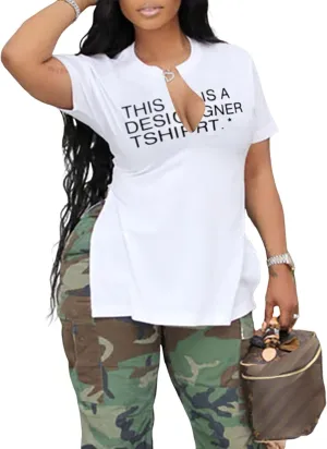 LovelyWholesale Womens Graphic Tees Sexy V Neck T Shirts Short Sleeve Side Slit Summer Tops