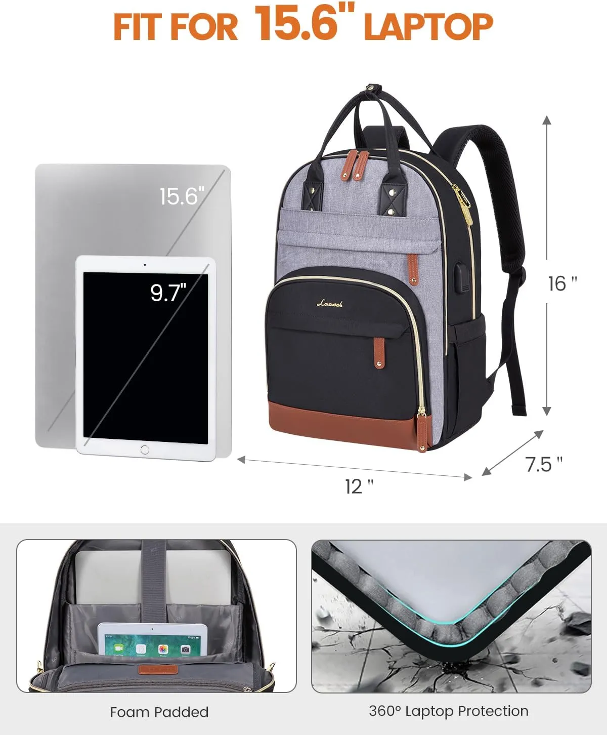 LOVEVOOK Backpack for Women,Laptop Backpack Women,Fits 15.6 Inch Laptop Bag,School Backpacks,Fashion Travel Work Anti-theft Bag,Waterproof Business Computer College Backpack Purse,Black-Grey