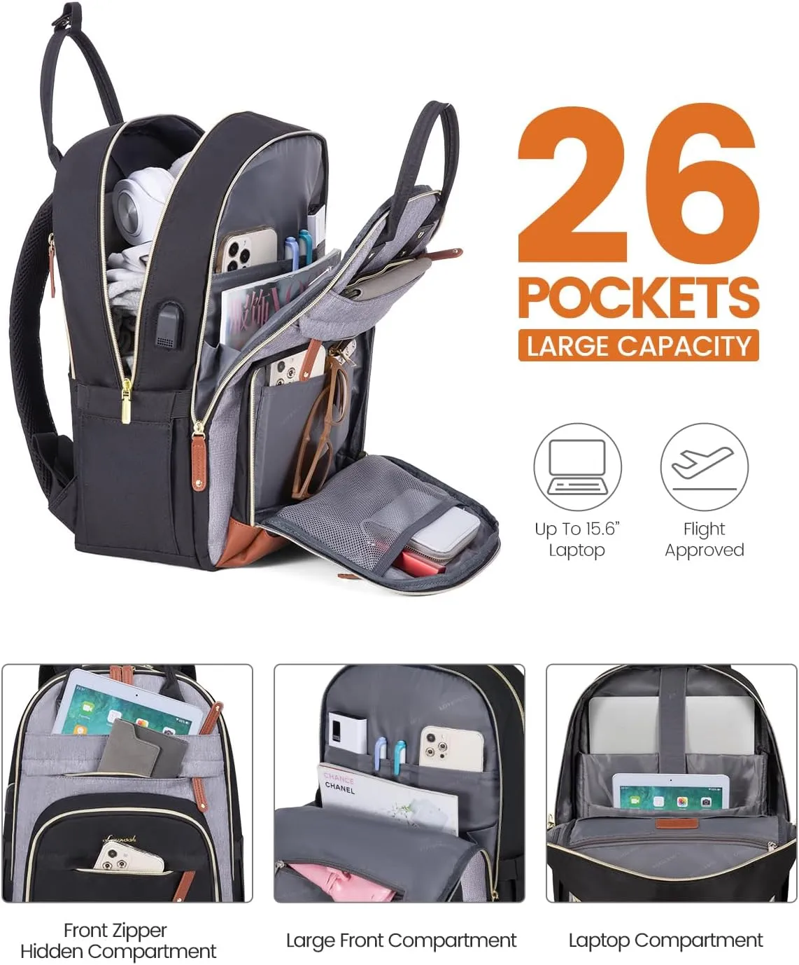 LOVEVOOK Backpack for Women,Laptop Backpack Women,Fits 15.6 Inch Laptop Bag,School Backpacks,Fashion Travel Work Anti-theft Bag,Waterproof Business Computer College Backpack Purse,Black-Grey