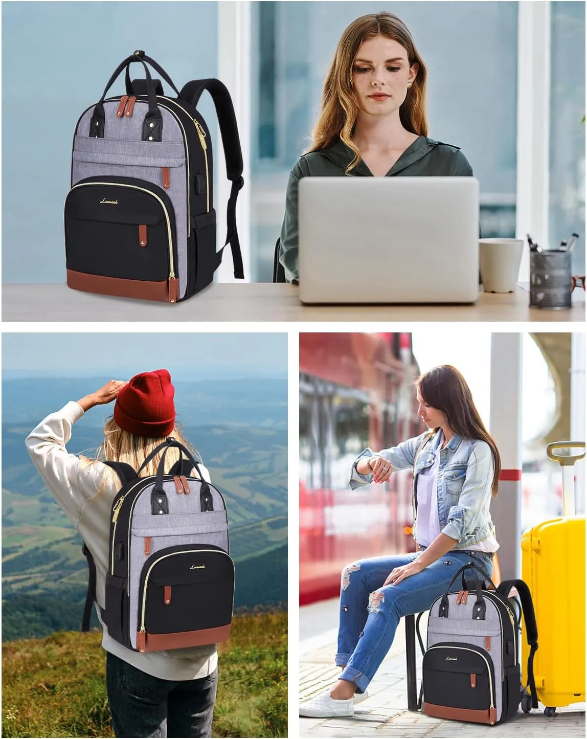 LOVEVOOK Backpack for Women,Laptop Backpack Women,Fits 15.6 Inch Laptop Bag,School Backpacks,Fashion Travel Work Anti-theft Bag,Waterproof Business Computer College Backpack Purse,Black-Grey